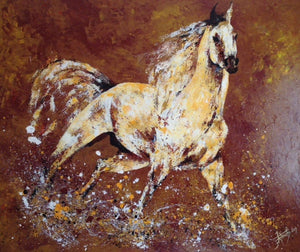 Canvas Acrylic Painting with knife, Horse running in the wind in the heat of the Doha desert, Dancing Horse - by Kader KLOUCHI Artiste Peintre Sculpteur