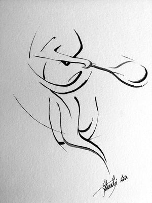 Artistic Ink Pen Drawing, Tennisman performing a Forehand, Tennis Forehand - Rugby Pass - by Kader KLOUCHI Painter Sculptor