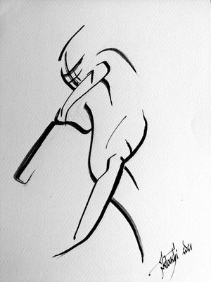 Dessin Encre Artistique, Joueur de Cricket, Cricket Batteur - par Kader KLOUCHI Artiste Peintre Sculpteur
