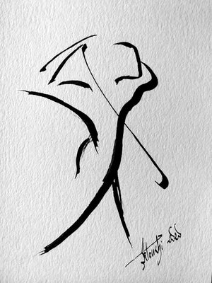 Artistic Ink Drawing, Golfer following his Ball with his gaze, Golfer - Trajectory - by Kader KLOUCHI Painter Sculptor