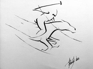 Dessin Encre Artistique, Joueur de Polo sur son Cheval au galop, Polo - par Kader KLOUCHI Artiste Peintre Sculpteur