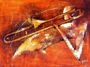 Toile Peinture Acrylique au couteau, Musicien Jazz, Trombone - par Kader KLOUCHI Artiste Peintre Sculpteur