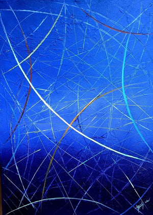 Toile Série Univers en Mouvement - Bleu Profond et Lumineux pour cette acrylique toute en énergie - par Kader KLOUCHI Artiste Peintre Sculpteur - L'Art de Vaincre