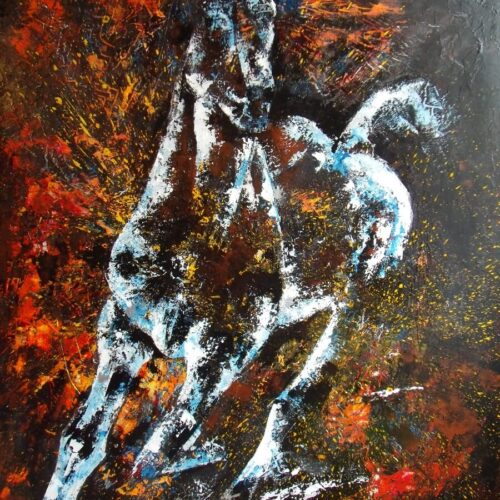 Toile Peinture Acrylique au couteau, Pur Sang flamboyant, Cheval - par Kader KLOUCHI Artiste Peintre Sculpteur