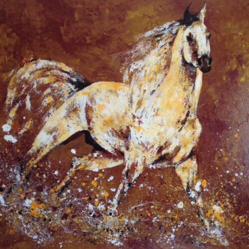 Toile Peinture Acrylique au couteau, Cheval courant au vent dans la chaleur du désert de Doha, Dancing Horse - par Kader KLOUCHI Artiste Peintre Sculpteur