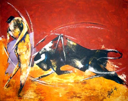 Toile Peinture Acrylique au couteau, Toreador en plein esquive, Matador - par Kader KLOUCHI Artiste Peintre Sculpteur