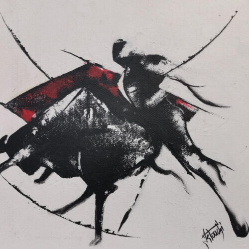 Toile Peinture Acrylique au couteau, Torero dansant avec le Taureau, Corrida - par Kader KLOUCHI Artiste Peintre Sculpteur