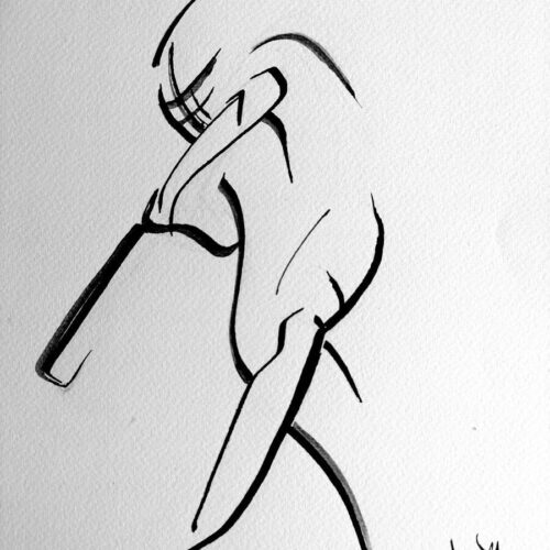 Dessin Encre Artistique, Joueur de Cricket, Cricket Batteur - par Kader KLOUCHI Artiste Peintre Sculpteur