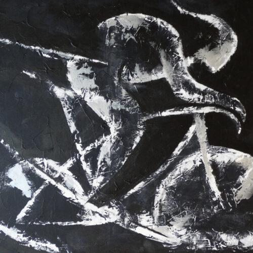 Toile Peinture Acrylique au couteau, Cycliste luttant contre les éléments, Cycling Poursuite - par Kader KLOUCHI Artiste Peintre Sculpteur