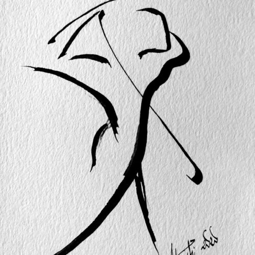 Dessin Encre Artistique, Golfeur suivant sa Balle du regard, Golfeur - Trajectoire - par Kader KLOUCHI Artiste Peintre Sculpteur