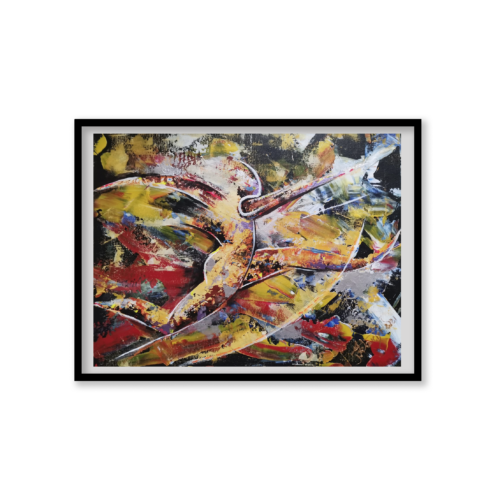 Toile Peinture Acrylique au couteau, Saut en Longueur en phase de Ramené, Long Jump - par Kader KLOUCHI Artiste Peintre Sculpteur