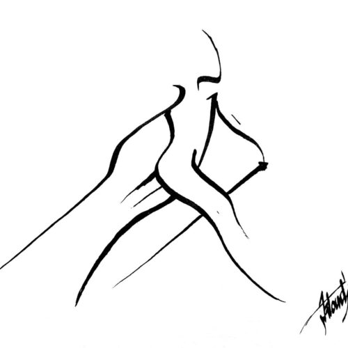 Dessin Encre Artistique, Athlète pratiquant la Marche Nordique, Marche Nordique - par Kader KLOUCHI Artiste Peintre Sculpteur