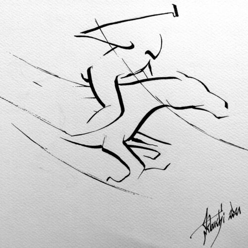 Dessin Encre Artistique, Joueur de Polo sur son Cheval au galop, Polo - par Kader KLOUCHI Artiste Peintre Sculpteur